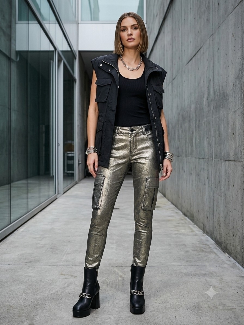 Alice + Olivia Like New Gold Foiled Metallic Cargo Skinny Jeans Size 6
